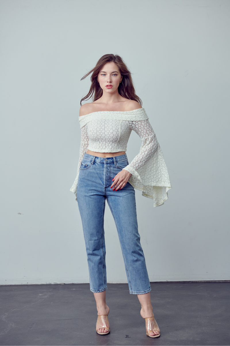 Vera Knit lace off shoulder long sleeve crop top