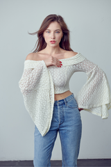 Vera Knit lace off shoulder long sleeve crop top