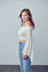 Vera Knit lace off shoulder long sleeve crop top