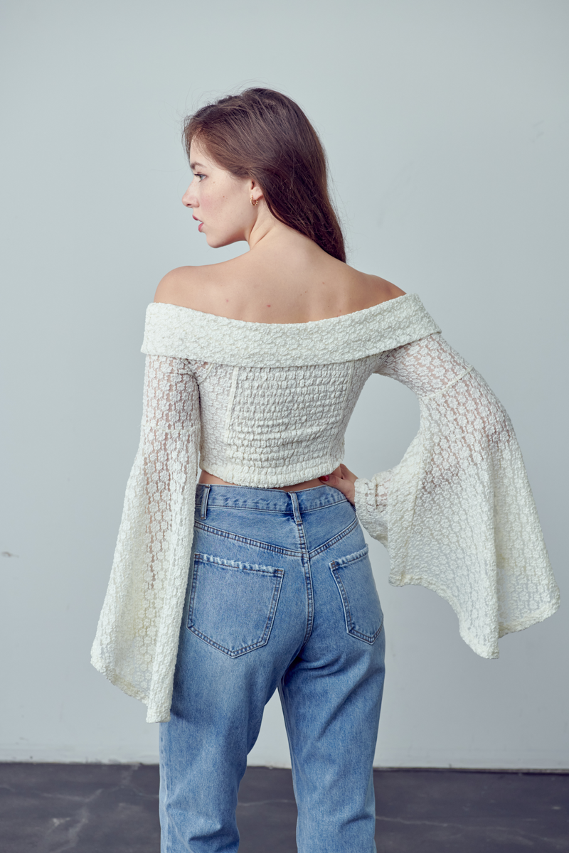 Vera Knit lace off shoulder long sleeve crop top