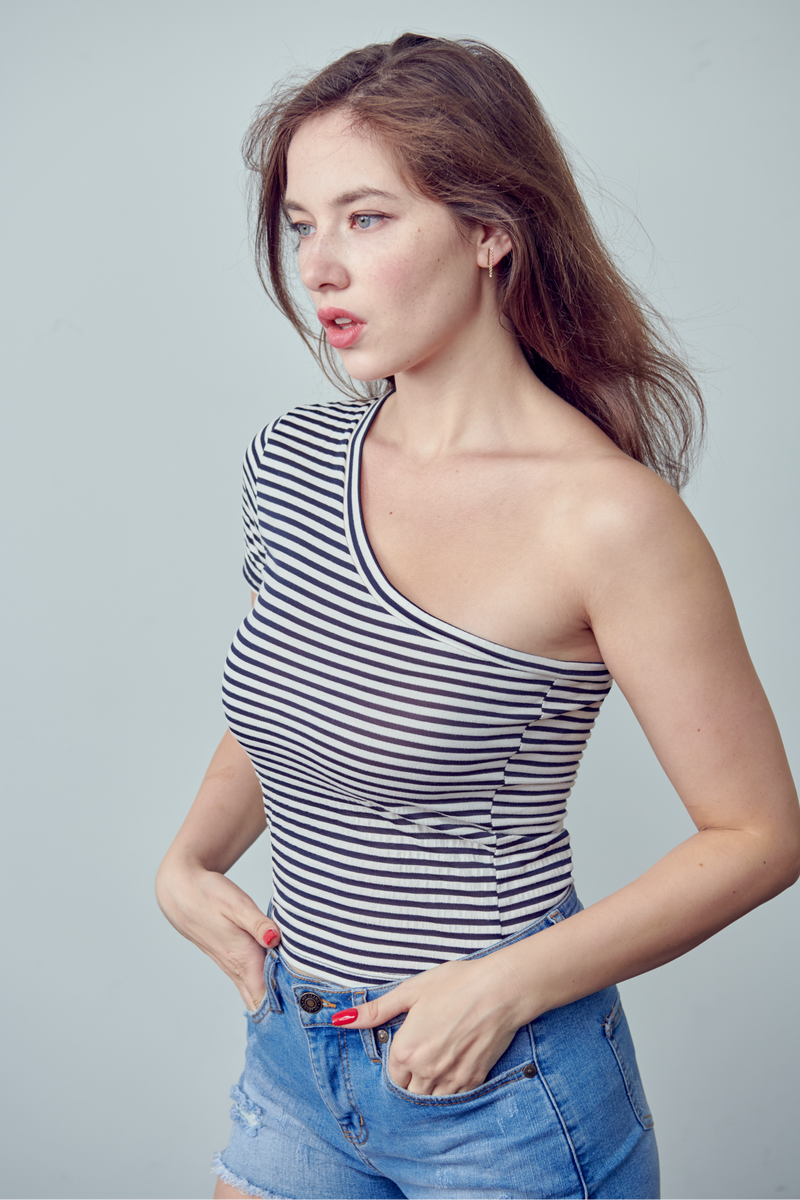 Sienna Knit Stripe Crinkled Jersey One shoulder Crop Top