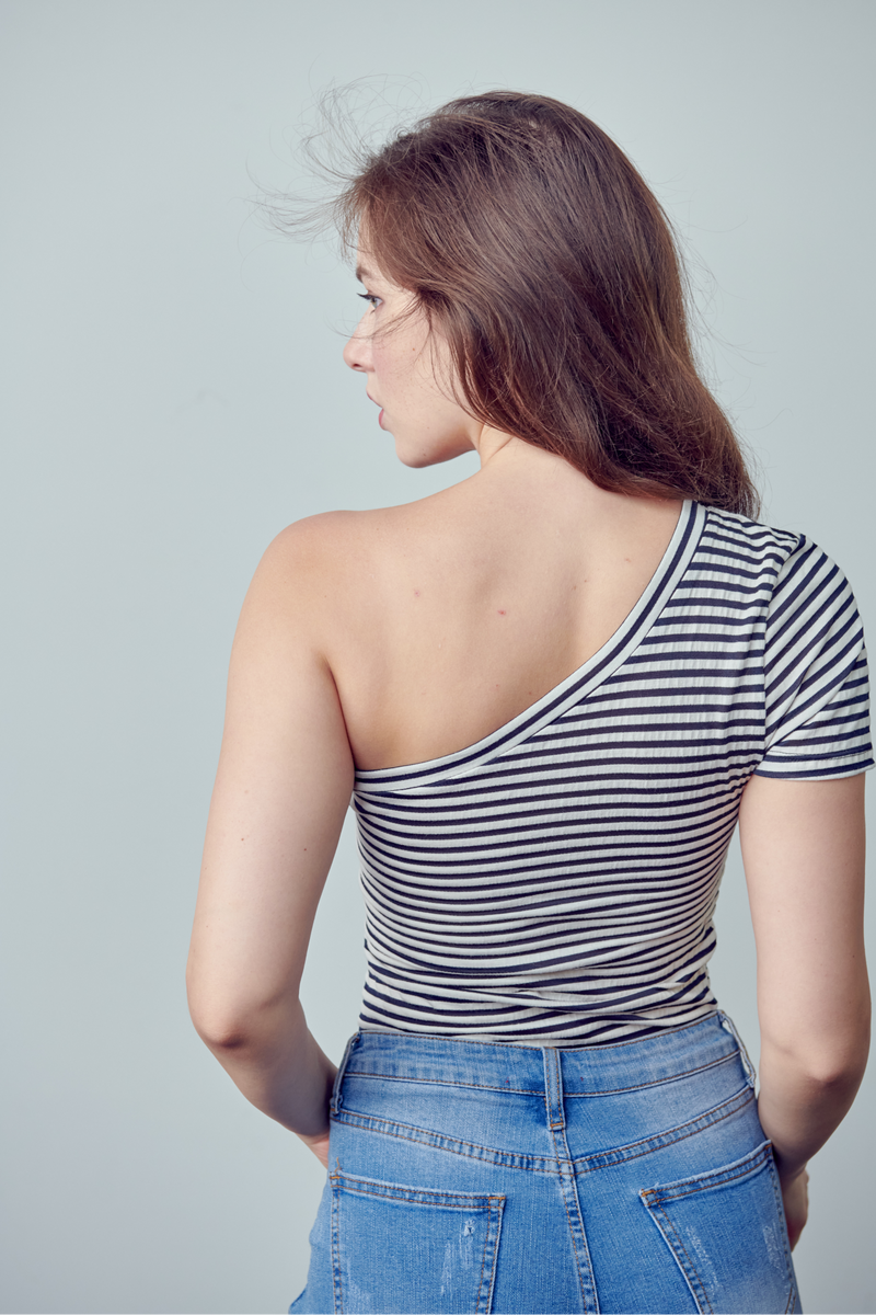 Sienna Knit Stripe Crinkled Jersey One shoulder Crop Top