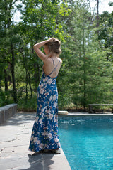 Alaia Blue Floral Pattern Cross Back Maxi Dress