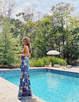 Alaia Blue Floral Pattern Cross Back Maxi Dress